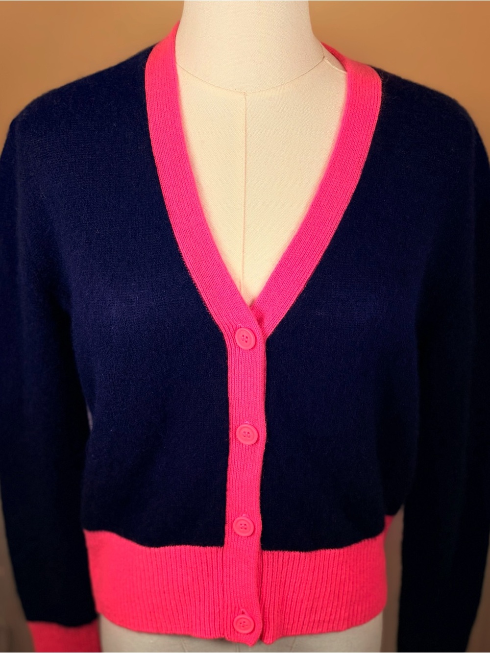 💗 FROM FUTURE 100% Cashmere Navy & Hot Pink Cropped Cardigan XS